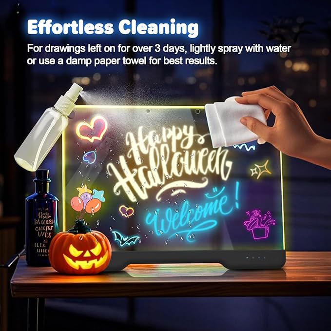 16-Inch Rechargeable Doodle Glow LED Note Board, 7-Color Light Modes, Neon Art Dry Erase Light Up Drawing Pad with Built-in Stand, Sketching Gift Toy for Kids/Girls/Teens, 5 Markers & Tracing Book
