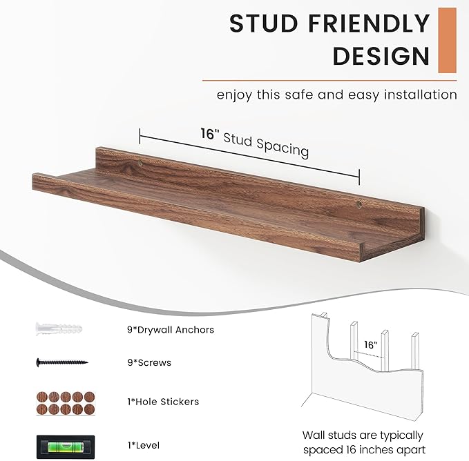 Floating Picture Ledge Shelves for Wall Set of 4, 24 Inch Wall Shelves with Lip Long Large Nursery Book Shelf for Toys Storage Kids Bookshelf Wall Mounted Living Room Bedroom Decor Frames