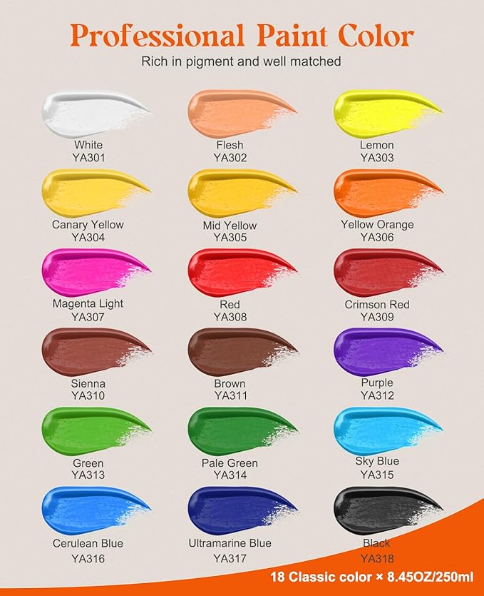 Acrylic Paint Set - 18 Colors, 8.45oz Large Bottles, Rich Pigmented Canvas Paint for Artists, Kids & Adults - Premium Non-toxic Art Supplies