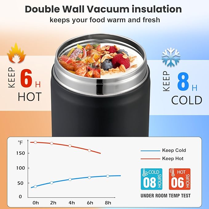 17oz Soup Thermo for Hot Food Kids,Insulated Food Jar with Spoon,Thermo Hot Food Lunch Container,Wide Mouth Leakproof Stainless Steel Lunch Box for School-Black