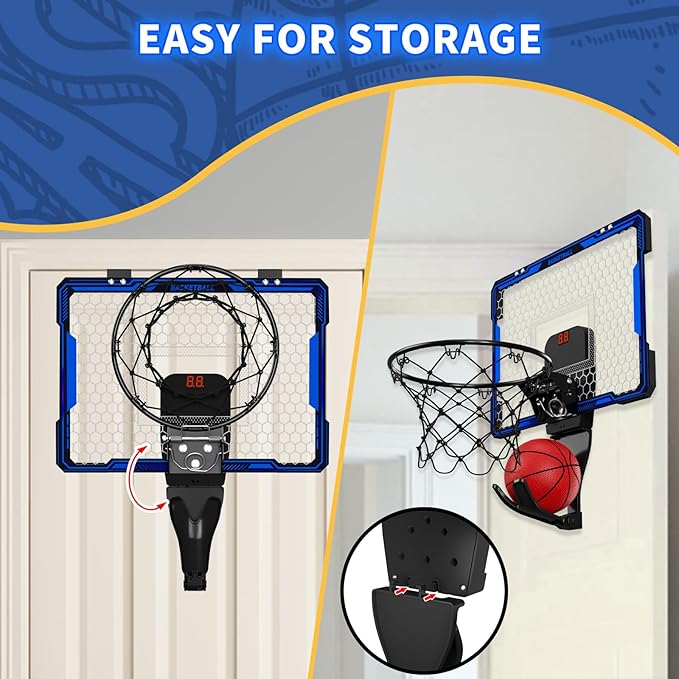 Basketball Hoop Indoor, Mini Basket Ball Hoop with 7 LED Lighting, Scoreboard, Over Door Basketball Hoop with 3 Modes, Volume Adjustable, Foldable, Basketball Toys Gifts for Kids Adults (Blue)