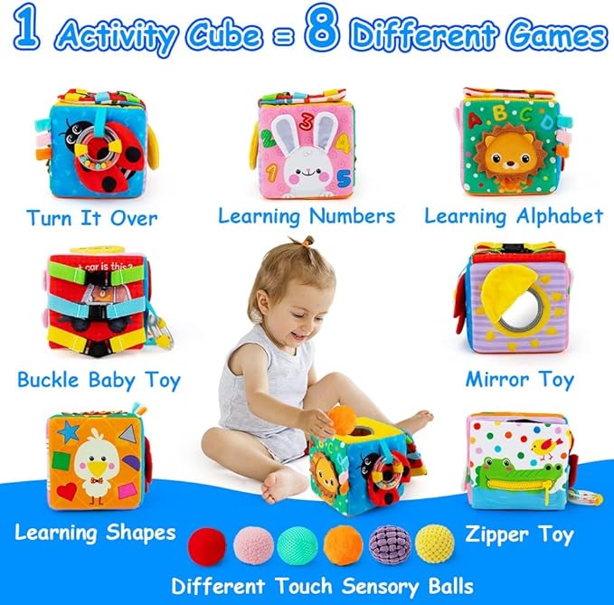 beetoy Sensory Busy Cube for Baby, Montessori Infant Toys with Textured Sensory Balls, Early Learning Travel Toys for Fine Motor Skills, Perfect Newborn Boy and Girl Gift