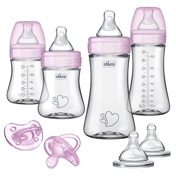 Chicco Duo Newborn Hybrid Baby Bottle Starter Gift Set with Invinci-Glass Inside and Plastic Outside | Dishwasher, Bottle Warmer, and Electric Sterilizer Safe | Intui-Latch Nipple | Clear/Pink