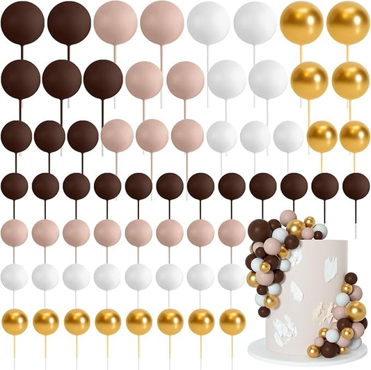 75 Pieces Cake Balls Topper Decorations Foam Cupcake Topper Mini Balloon Cake Topper Picks for Cake Deco Birthday Party Wedding（Brown Gold White Series）