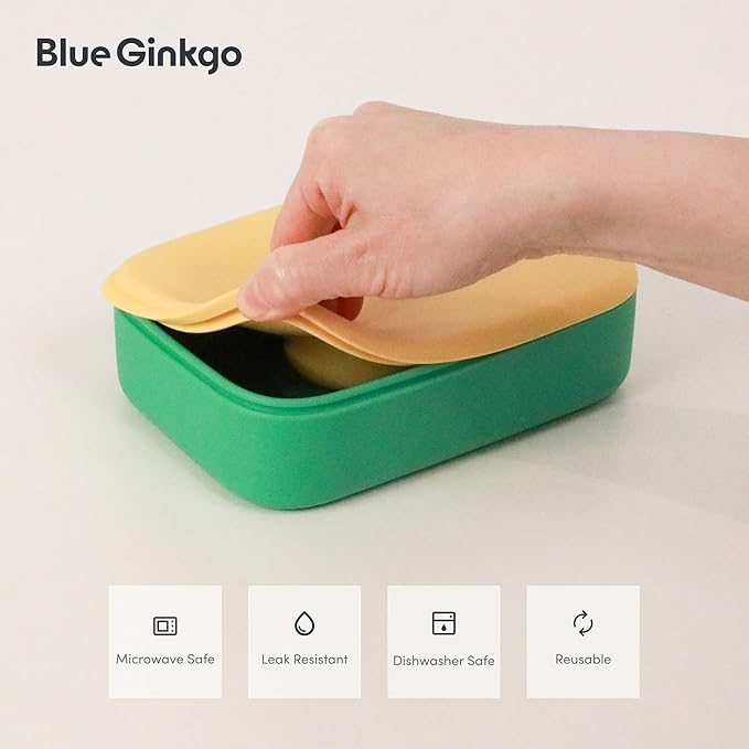 BLUE GINKGO Silicone Lunch Box Set – Durable Heavy-Duty Silicone Bento Box, Microwave, Freezer, Dishwasher Safe – Airtight, BPA Free (Made in Korea, Green)