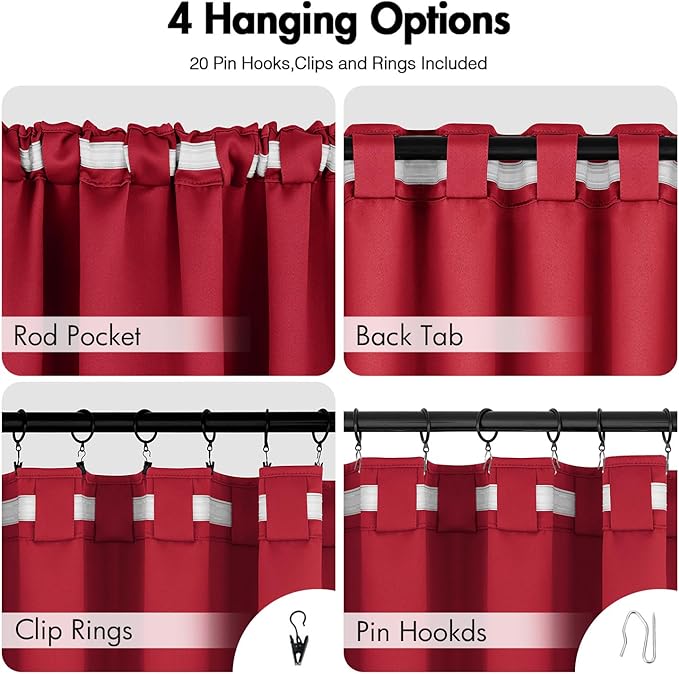 ANRODUO Back Tab Blackout Curtains for Bedroom Living Room, Rod Pocket Pinch Pleated Thermal Insulated Room Darkening Curtains 90 Inches Long 2 Panels, Red, 42 x 90 Inch