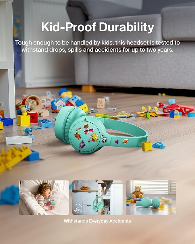 Belkin SoundForm Mini - Wireless Bluetooth Headphones for Kids with 30H Battery Life, 85dB Safe Volume Limit, Built-in Microphone - Kids On-Ear Earphones for iPhone, iPad, & More - Mint w/Case