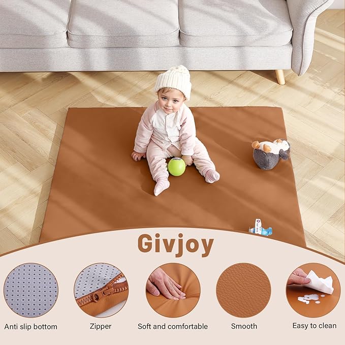 Baby Play Mat 48"x48" – Thick, Non-Slip Foam Mat for Babies and Toddlers. Foldable, Scrubbable, Odorless, and Soft, Ideal for Playpens, Crawling, and Indoor Playtime-Brown