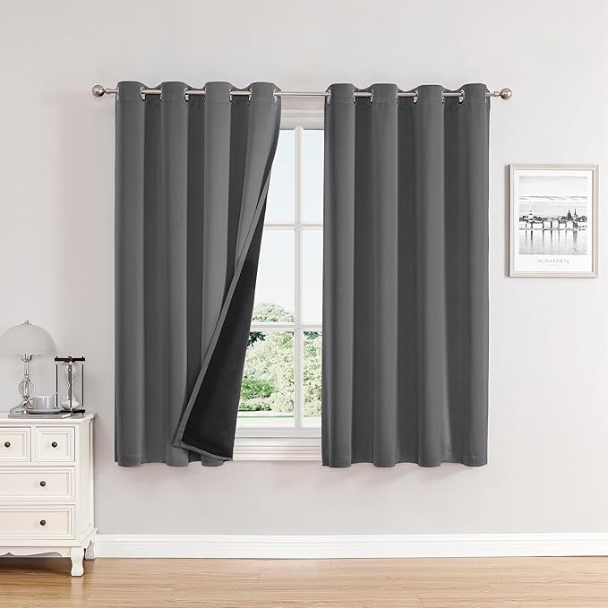 ChrisDowa 100% Blackout Curtains for Bedroom with Black Liner, 2 Thick Layers Total Blackout Thermal Insulated Grommet Window Curtains 2 Panels Set (Grey, 52 x 45 Inch)