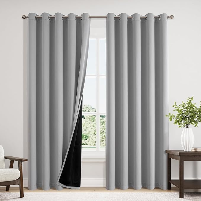 ChrisDowa 100% Blackout Curtains 84 inch Long for Bedroom with Black Liner, Extra Wide 2 Thick Layers Total Blackout Thermal Insulated Grommet Window Curtains 2 Panels Set (Light Grey, 60 x 84 Inch)
