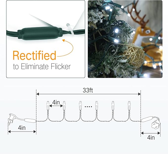 Brizled Cool White Christmas Lights, 33ft 100 LED Christmas Tree Lights, 5mm Wide Angle Xmas Light, Connectable 120V UL Certified Xmas Light String for Tree Party Wedding Home Indoor Outdoor Decor