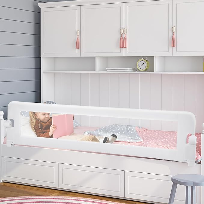 BABY JOY Bed Rails for Toddlers, Extra Long, Swing Down Safety Bed Guard for Convertible Crib, Folding Baby Bedrail for Kids Twin, Double, Full Size Queen & King Mattress (71", White)