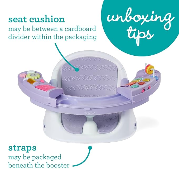 Infantino Music & Lights 3-in-1 Discovery Seat & Booster, Toddler Booster Seat for Dining Table or Kitchen Chair, Baby Activity Center & Snack Tray, Lavender