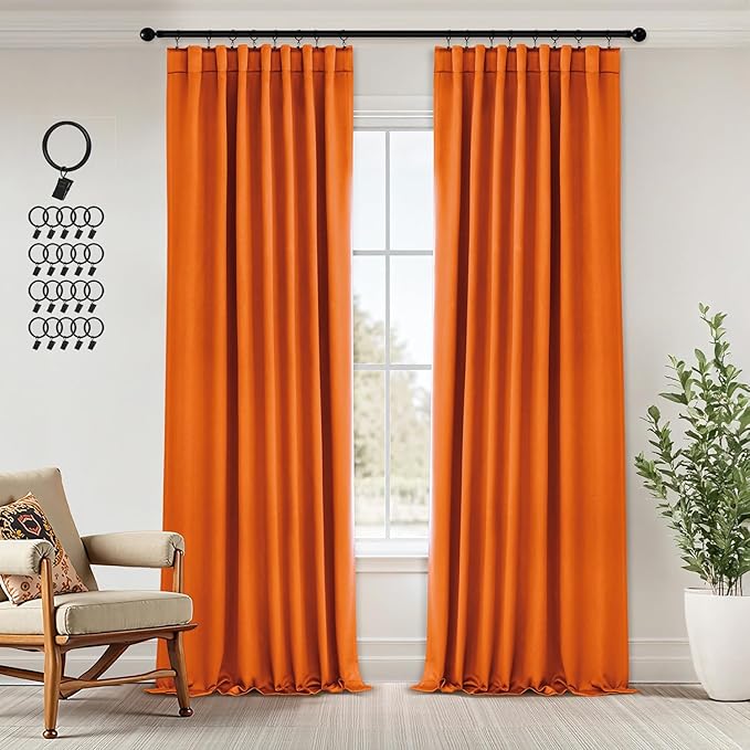 ANRODUO Back Tab Blackout Curtains for Bedroom Living Room, Rod Pocket Pinch Pleated Thermal Insulated Room Darkening Curtains 96 Inches Long 2 Panels, Orange, 42 x 96 Inch