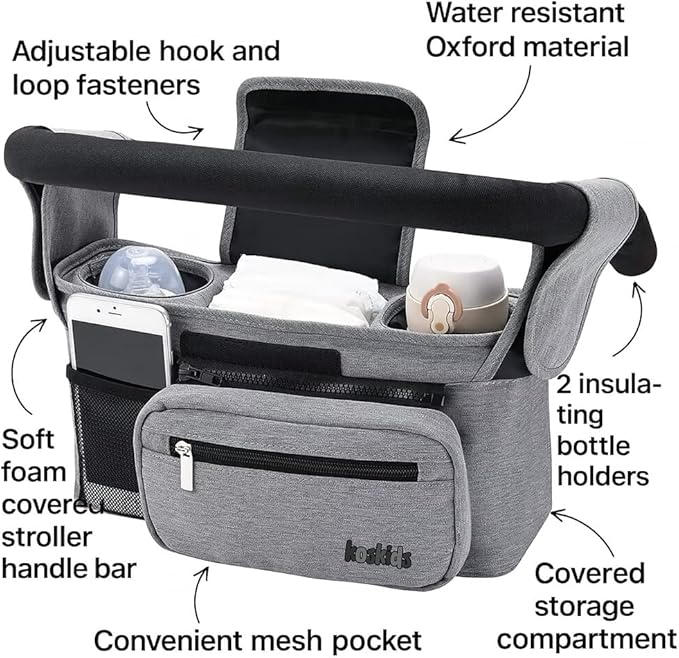 Universal Stroller Organizer with Insulated Cup Holder, Detachable Phone Bag, Shoulder Strap – Fits All Stroller Types, Keeps Drinks Hot/Cold (Grey)