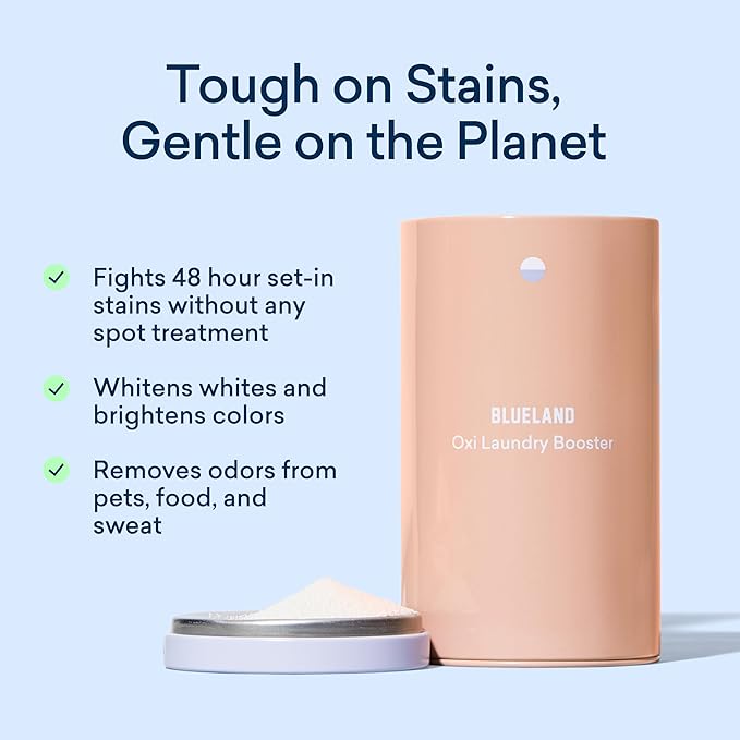 BLUELAND Oxi Laundry Booster Powder with Tin, Starter Set, Spring Bloom Scent, 25 Loads, 17.6 oz, Plastic-Free, Eco Friendly, Oxy Cleaner, Stain Remover