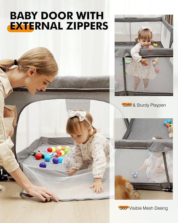 Foldable Baby Playpen with Non-Removable Thick Mat, Extra Large Collapsible Play Yard for Babies & Toddlers, Portable Travel Playpen with Gate, Safe Activity Center (59"×71" Grey)