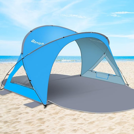 Gorich Beach Tent Sun Shelter with UPF50+ UV Protection for 3/4-5/6-7 Person, Lightweight & Portable Beach Shade Canopy with 2 Zippered Doors, Easy Setup Family Beach Umbrella