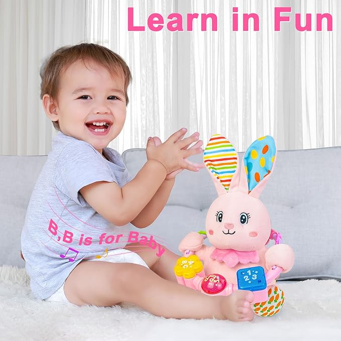 Baby Rabbit Musical Stuffed Animals Toy,Infant Bunny Bilingual Early Learning Education Toy with Light-Up Music & Crinkle,1st Easter Basket Shower Stuffers for 0 1 2 3 6 9 12 18 Month Girl,Pink