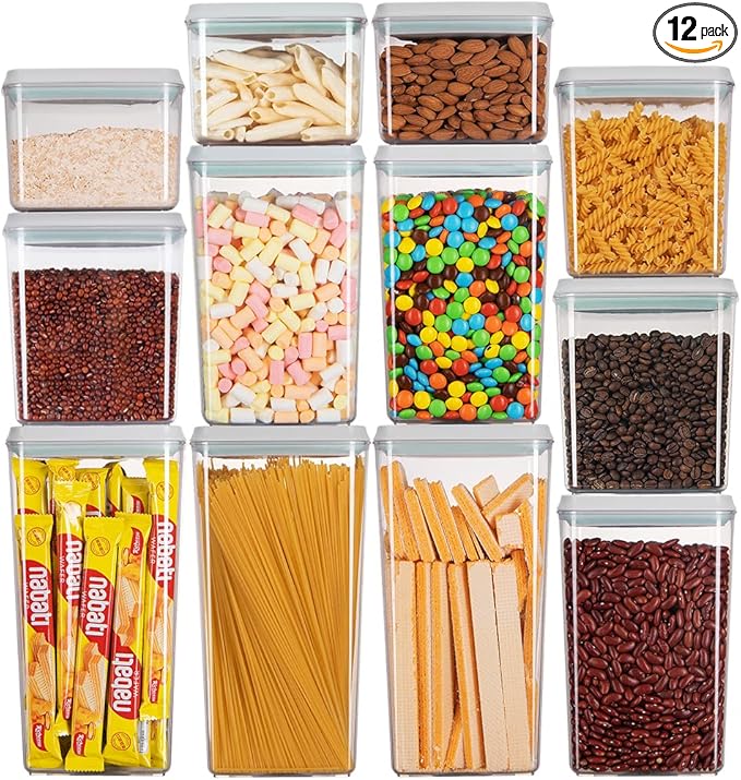 Ankou Pop Airtight Food Storage Containers with Lids for Kitchen Pantry Organizing Stackable Container for Cereal Snack Flour Sugar Coffee Spaghetti -12 Pcs(1.2, 2.0, 2.7, 3.3qt)*3