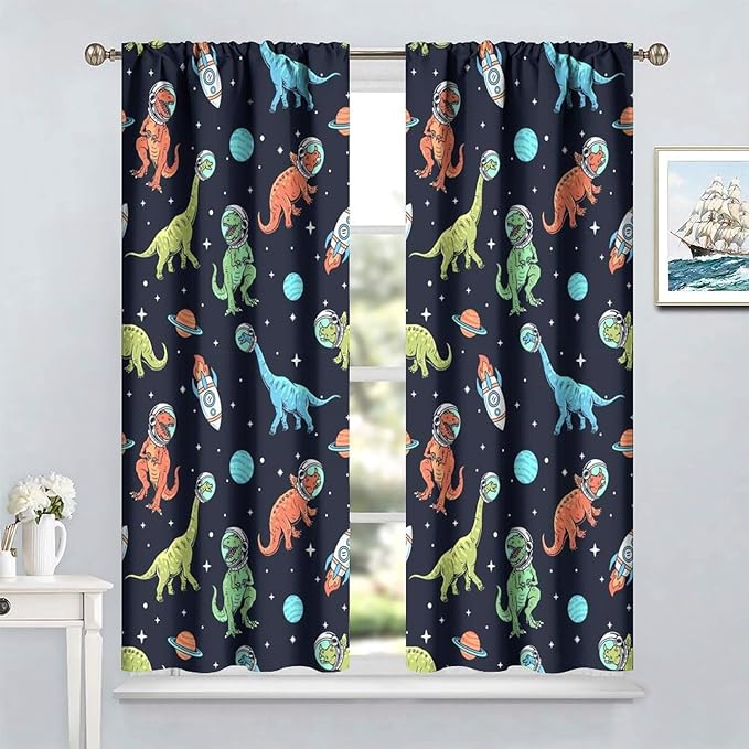 Cartoon Dinosaur Curtains for Kids Boys Girls Home Decor, Astronaut Rocket Funny Outer Space Blackout Rod Pocket Window Drapes for Bedroom Living Room W42xL84in 2 Panels