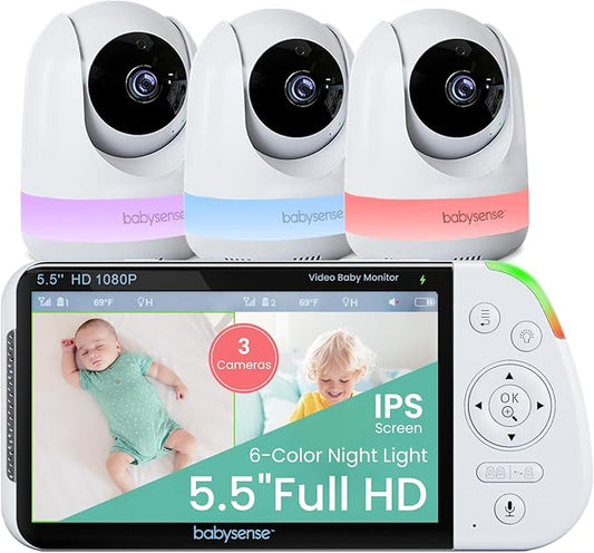 Babysense 5.5" Full-HD Split-Screen Baby Monitor, 1080p Video Baby Monitor with Camera and Audio, 3 Cameras with 6-Color RGB Night Light, 1000ft Range, Two-Way Audio, 4X Zoom, Large Battery