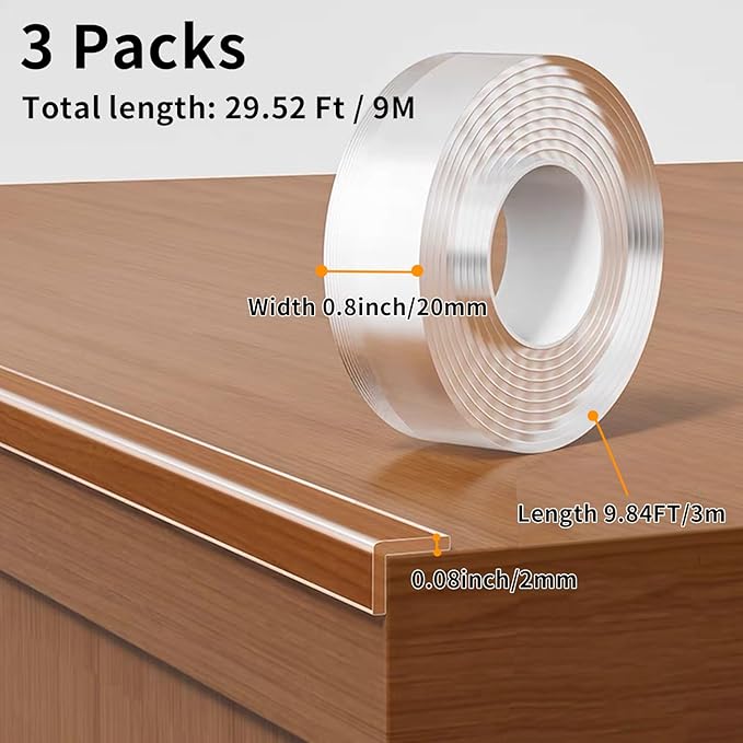 Edge Protector Strip for Furniture,Table Corner Protectors,0.8in x 9.84Ft,3 Rolls,Cabinet Bumpers,Clear Soft Corner Guards,Wall Corner Protector,Safe for Proof