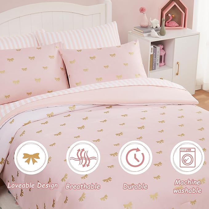 Full Size Comforter Sets with Sheets for Girls-7 Pieces Full Size Bedding Sets with Pink Comforter, Sheets, Pillowcases & Shams for Kids (Pink Gold Bow, 76" X 86")
