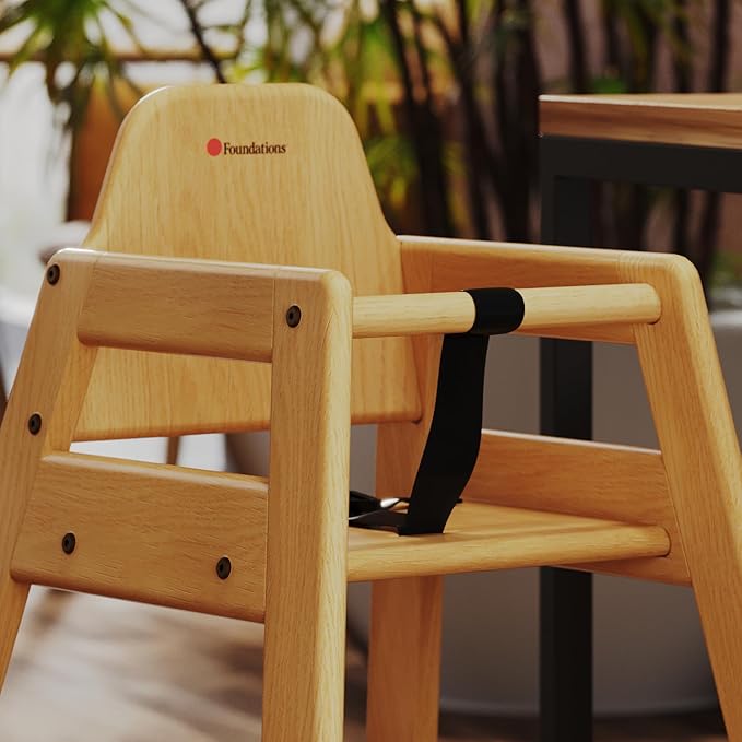 Foundations Neat Seat Wood Highchair for Restaurants, Easy to Clean, “No-tip” Feet, 3-point Safety Harness, Durable Hardwood, Small Footprint, Stackable (Natural)