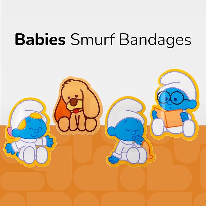 BioSwiss Bandages, The Smurfs Baby Smurf Shaped Self Adhesive Bandage, Latex Free Sterile Wound Care, Fun First Aid Kit Supplies for Kids and Adults, 50 Count Case
