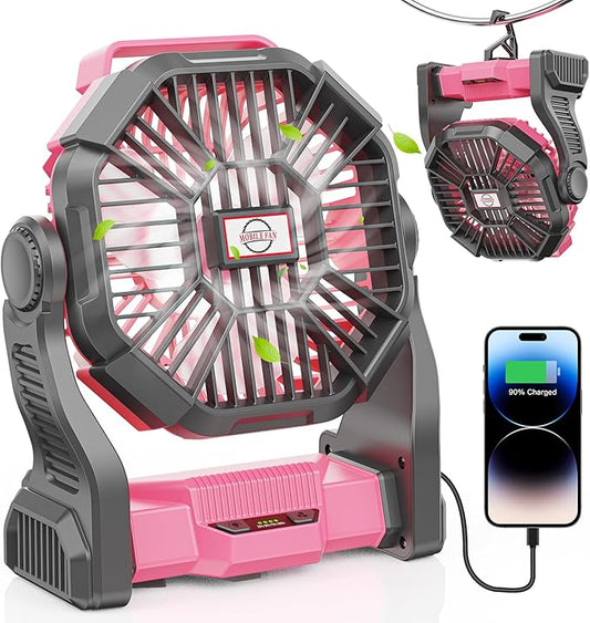 20000mAh Portable Battery Powered Camping Fan - with LED Light, Quiet Battery Operated, Camping Gear for Travel, Tent, Beach, Car or Hurricane Power Outages, Pink