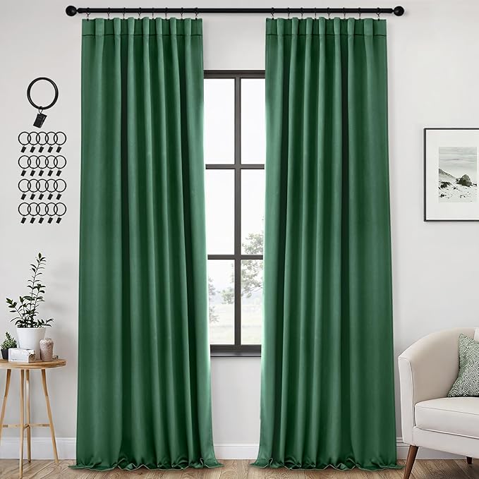 ANRODUO Back Tab Blackout Curtains for Bedroom Living Room, Rod Pocket Pinch Pleated Thermal Insulated Room Darkening Curtains 96 Inches Long 2 Panels, Hunter Green, 42 x 96 Inch