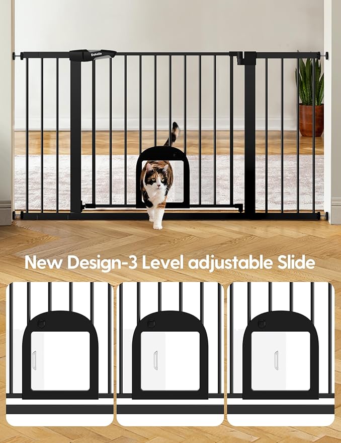 Babelio 36.5-57" Extra Wide Baby Gate with Cat Door,Auto Close&Two Way Swing,Pressure Mounted Dog Gates for Stairs,Doorways,Includes 4 Wall Cups and 3 Extension Pieces,Black