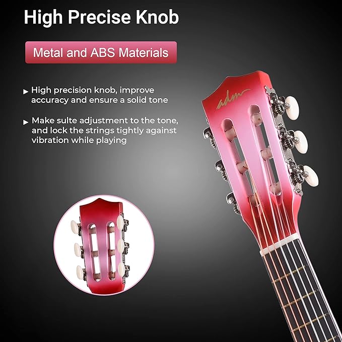 ADM Beginner Acoustic Classical Guitar 30 Inch Nylon Strings Wooden Guitar Bundle Kit for Kid Boy Girl Student Youth Guitarra Online Lessons with Gig Bag, Strap, Tuner, Extra Strings, Picks,Pink 1