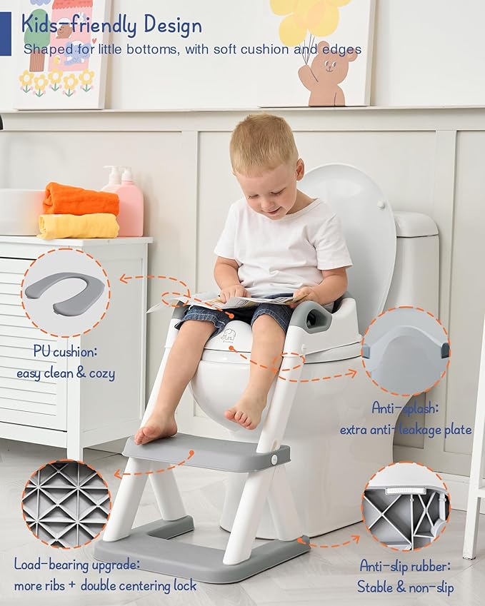 Forbena Toddler Potty Training Seat with Step Stool Ladder, Toilet Potty Seat for Baby Boys Girls Toddlers, Kids Chair Stairs with Handles and Soft Cushion (White and Grey)