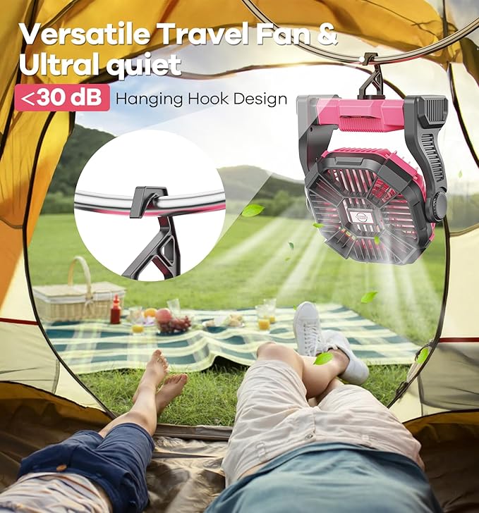 20000mAh Portable Battery Powered Camping Fan - with LED Light, Quiet Battery Operated, Camping Gear for Travel, Tent, Beach, Car or Hurricane Power Outages, Pink