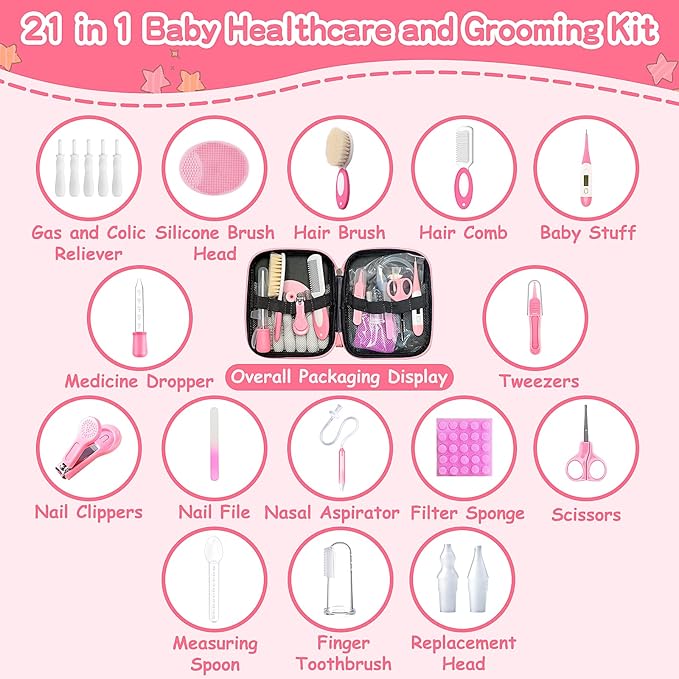 Baby Healthcare and Grooming Kit, 21 in 1 Portable Baby Essentials Kit with Gas Relief Hair Brush Comb Nasal Aspirator for Newborn Boys Girls (Pink)