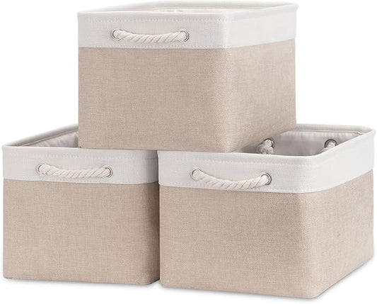 Bidtakay Large Fabric Baskets with Handles [3-Pack] Collapsible Storage Basket for Shelves 15 X 11 X 9.5 inches Canvas Bins for Closet Organization (White&Beige)