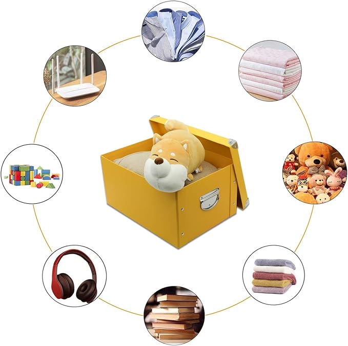 GUOZI Collapsible Storage Box, Decorative Memory Box with Lid & Metal Reinforced Corners, Cardboard File Bin with Handles, Organizer Gift Box for Keepsake Toy Photos Office Nursery Wardrobe Bookshelf