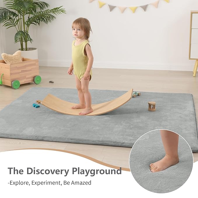 Baby Play Mat for Floor,Extra Large 79"×118" Tummy Time Mat,Thicker Memory Foam Mat for Toddler,Infant,Kids,Water Repellent Ultra Soft Coral Velvet,Non-Slip Backing Safe for Crawling(Light Grey)