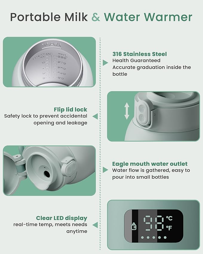 Extended Battery Life Portable Bottle Warmer - Dual Heating Modes for Breast Milk & Water, 17 Ounces, Fast Heating, Ideal for Travel, Outdoor, Baby Shower, Green