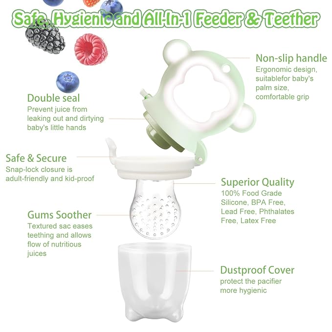 Baby Fruit Food Feeder - Silicone Nibble Tray Combo - Breastmilk Popsicle Mold for Cooling Relief, BPA Free Mesh Feeder for Infant Self Feeding (Monkey Mint + Pineapple)