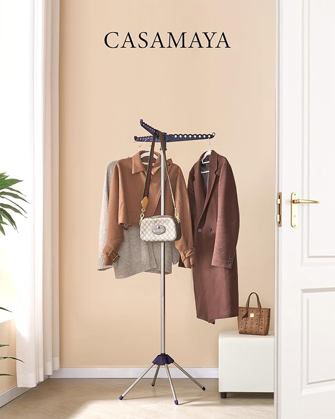 Clothes Drying Rack Foldable, 59 inch Tripod Laundry Drying Rack Indoor with Rotating Clothes Rail for 27 Pieces of Clothes, Space Saving, Blue and Silver CDR001Q01