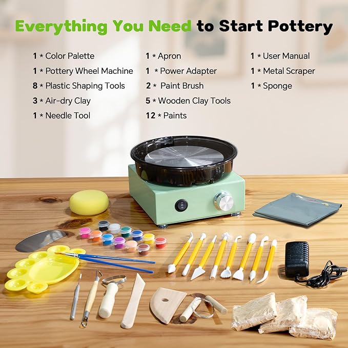 Alldeer Mini Pottery Wheel Kit - 6" Turntable Two-Way Rotation Clay Wheel, Metal Frame, Removable Splash Tray Ceramic Making Kit with 18PCS Sculpting Tools, Pottery DIY Machine for Kids and Beginners