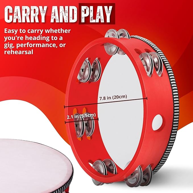 Flexzion Wood Handheld Tambourine (2 Pack) 8 Inch Double Row 12 Pair Jingles, Hand Held Percussion Drum Moon Musical Instrument with Metal Bell