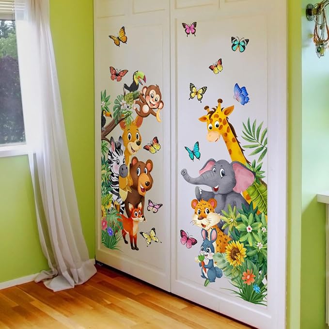 Jungle Animal Wall Decals, Cartoon Animal Sticker Safari Elephant Lion Monkey Wall Decals for Baby Room Playroom Bedroom Classroom Kindergarten Decor