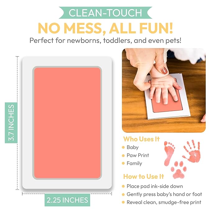 Clean Touch Ink Pad for Baby Handprints and Footprints – Inkless Infant Hand & Foot Stamp – Safe for Babies, Doesn’t Touch Skin – Perfect Family Memory or Gift – Pink Print Kit by Tiny Gifts
