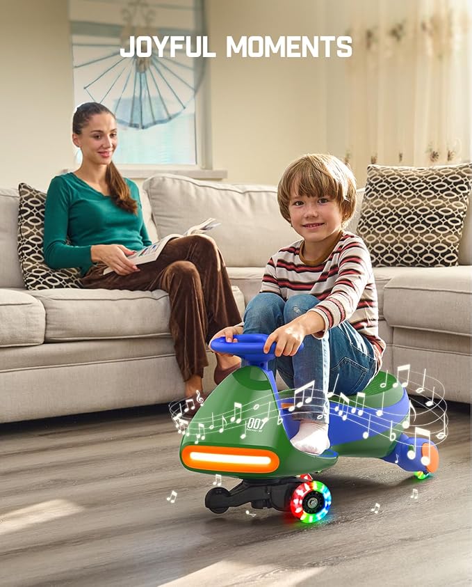 FanttikRide 6V N7 Classic Electric Wiggle Car with Pedal, Rechargeable Battery, Ride on Toys, Swing Car, 2 Speeds, Anti-Rollover, Flashing Light Wheels, Bluetooth, for Ages 3 and Up, 150 Lbs, Green