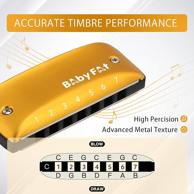 BabyFat 7 Hole Blues Mini Harmonica Set,Diatonic Harmonica with free lanyards,Gifts for Professional Players and Beginners,Easy-playing Musical Instrument(Key of G）