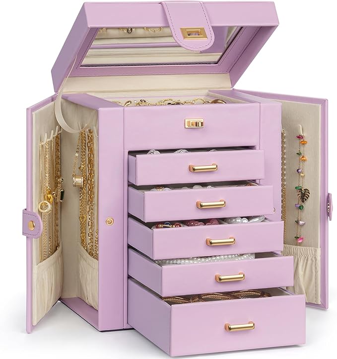 AKOZLIN Jewelry Box Organizer Functional Leather Jewelry Storage Case for Women Girls Ring Necklace Earring Bracelet Holder Organizer with Mirror